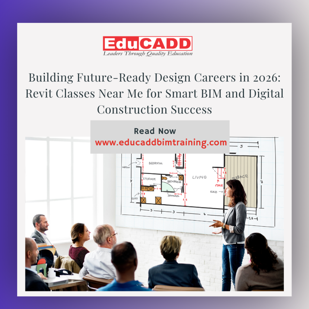 Revit classes near me 2026 showing students learning BIM modeling, Revit software, and digital construction workflows in a smart classroom