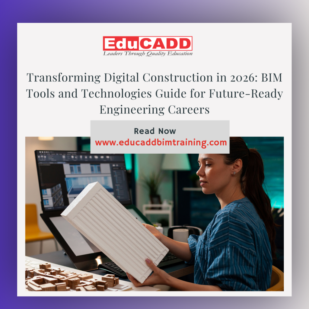 BIM tools technologies guide 2026 showing engineers using BIM software, digital construction systems, and smart project coordination tools