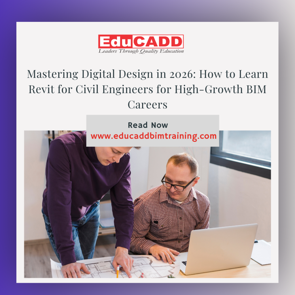Learn Revit for civil engineers 2026 showing engineers creating BIM models, structural designs, and smart construction projects using Revit software