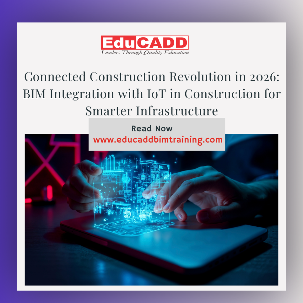 BIM IoT construction integration showing connected sensors, smart building model, and real-time construction monitoring system