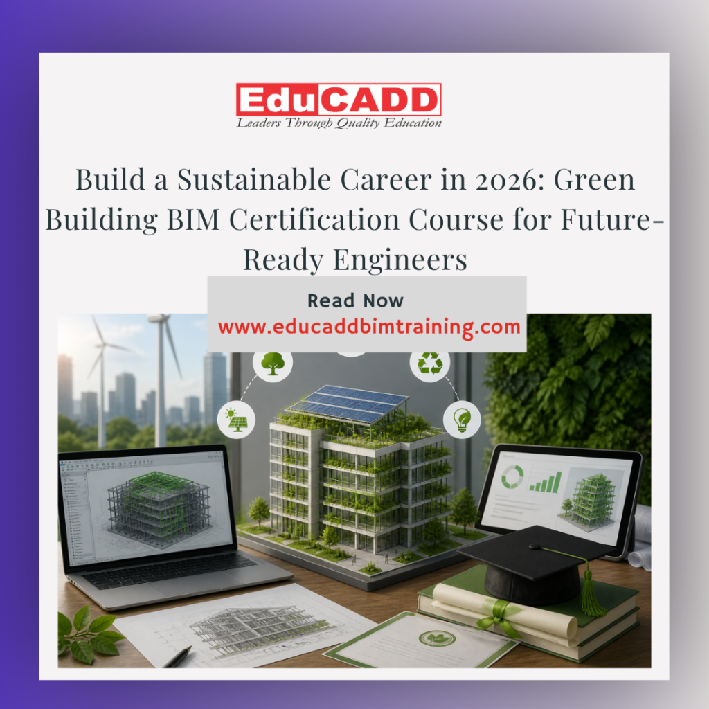 Green BIM certification course showing sustainable building design, energy analysis model, and eco-friendly construction workflow