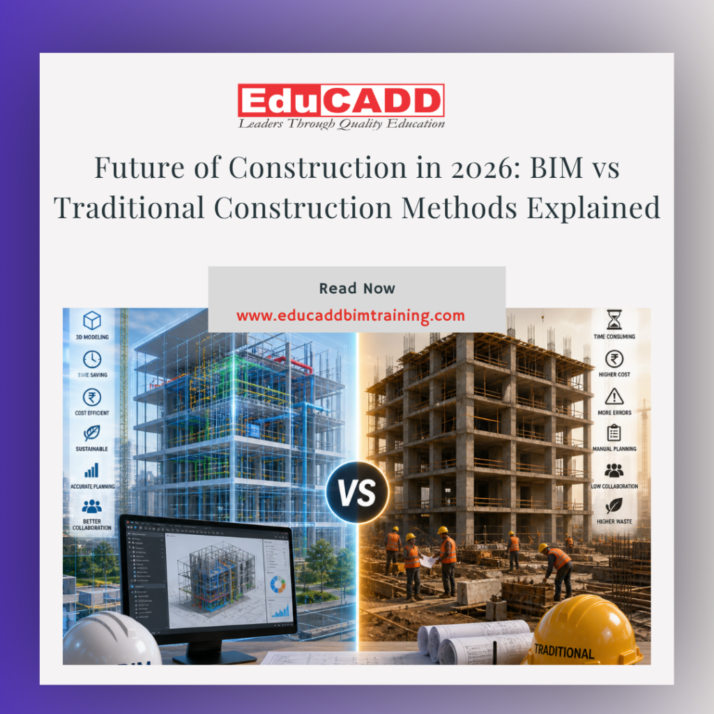 BIM vs traditional construction methods showing digital modeling, workflow comparison, and modern construction technology advantages