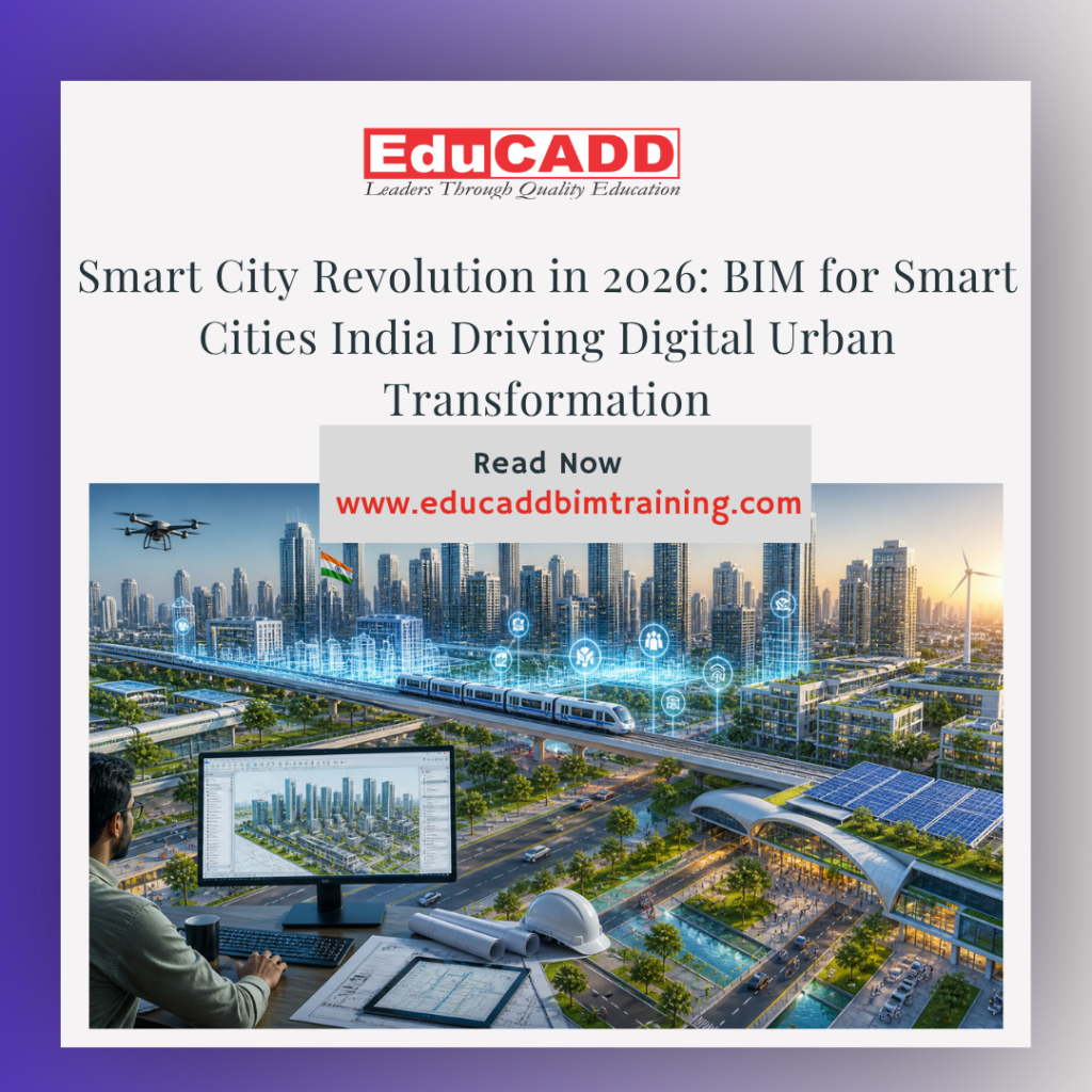 BIM smart cities India showing digital city model, smart infrastructure planning, and connected urban development system