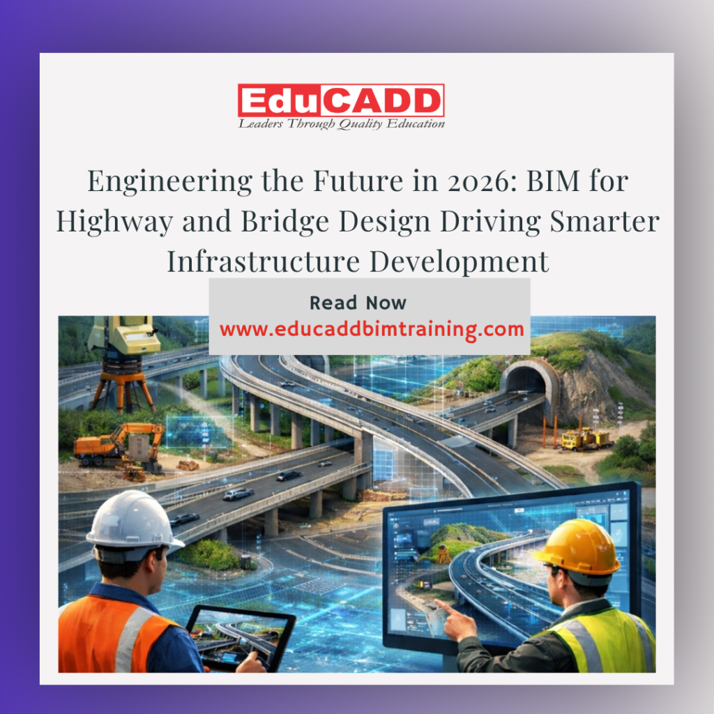 BIM highway bridge design showing digital bridge model, highway planning, and smart infrastructure engineering visualization system