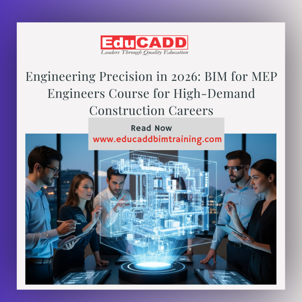 BIM MEP engineers course showing HVAC, electrical, and plumbing systems in 3D BIM model with digital construction coordination view