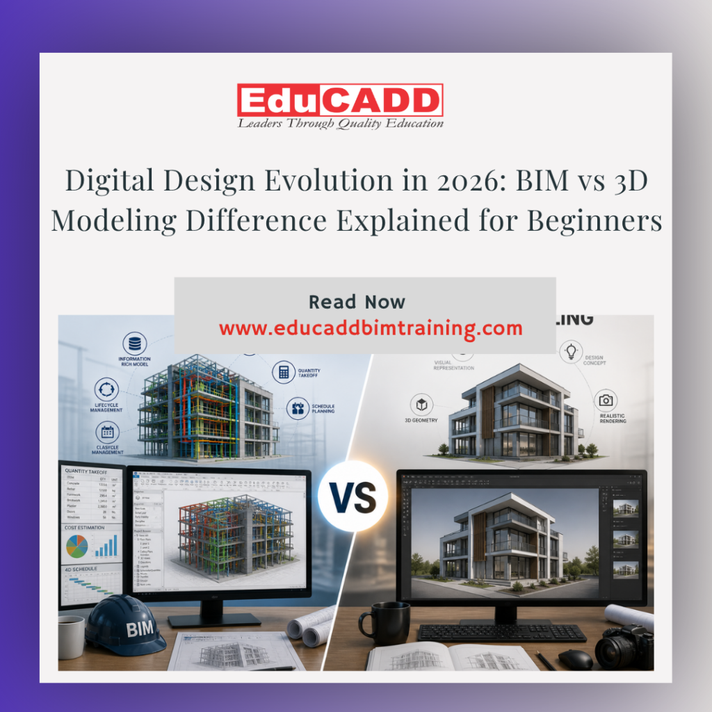 BIM vs 3D modeling difference showing design visualization, data integration, and construction workflow comparison
