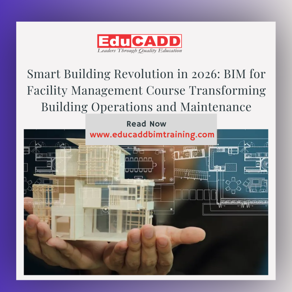 BIM facility management course showing digital building model, maintenance planning, asset tracking, and smart building operations system visualization