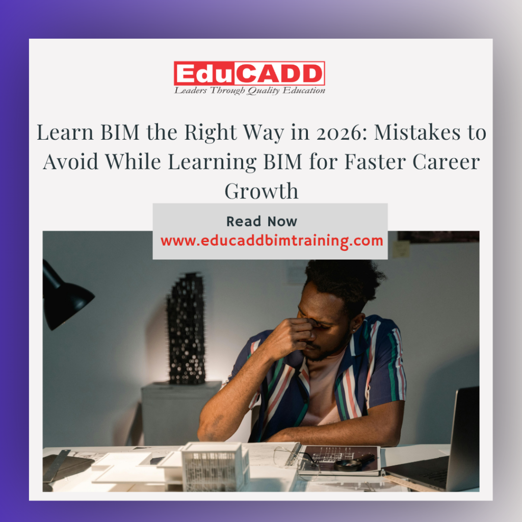 Mistakes to avoid while learning BIM showing BIM software, training workflow, and student learning construction modeling skills in 2026.