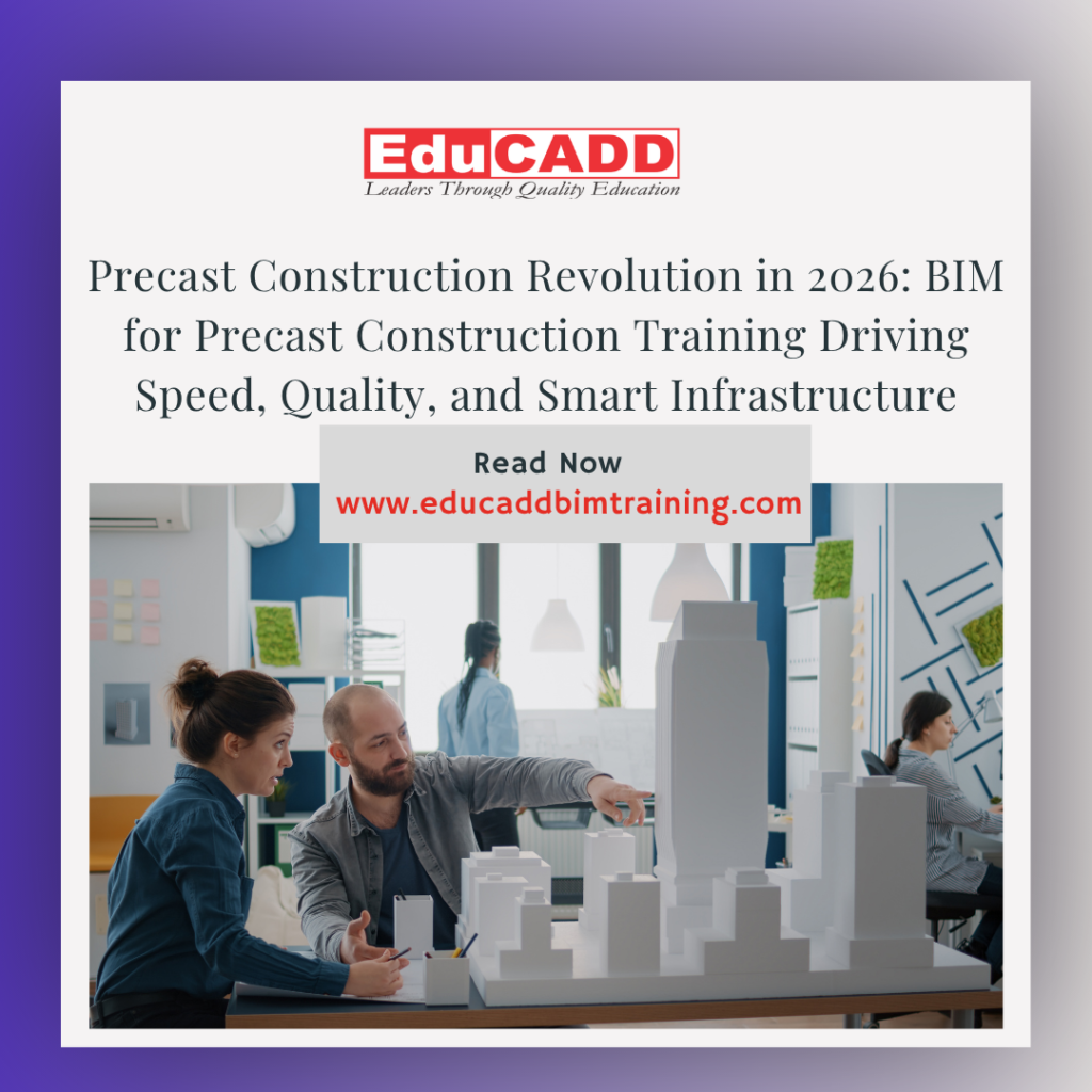 BIM precast construction training showing 3D precast elements, factory production, transport planning, and digital construction workflow
