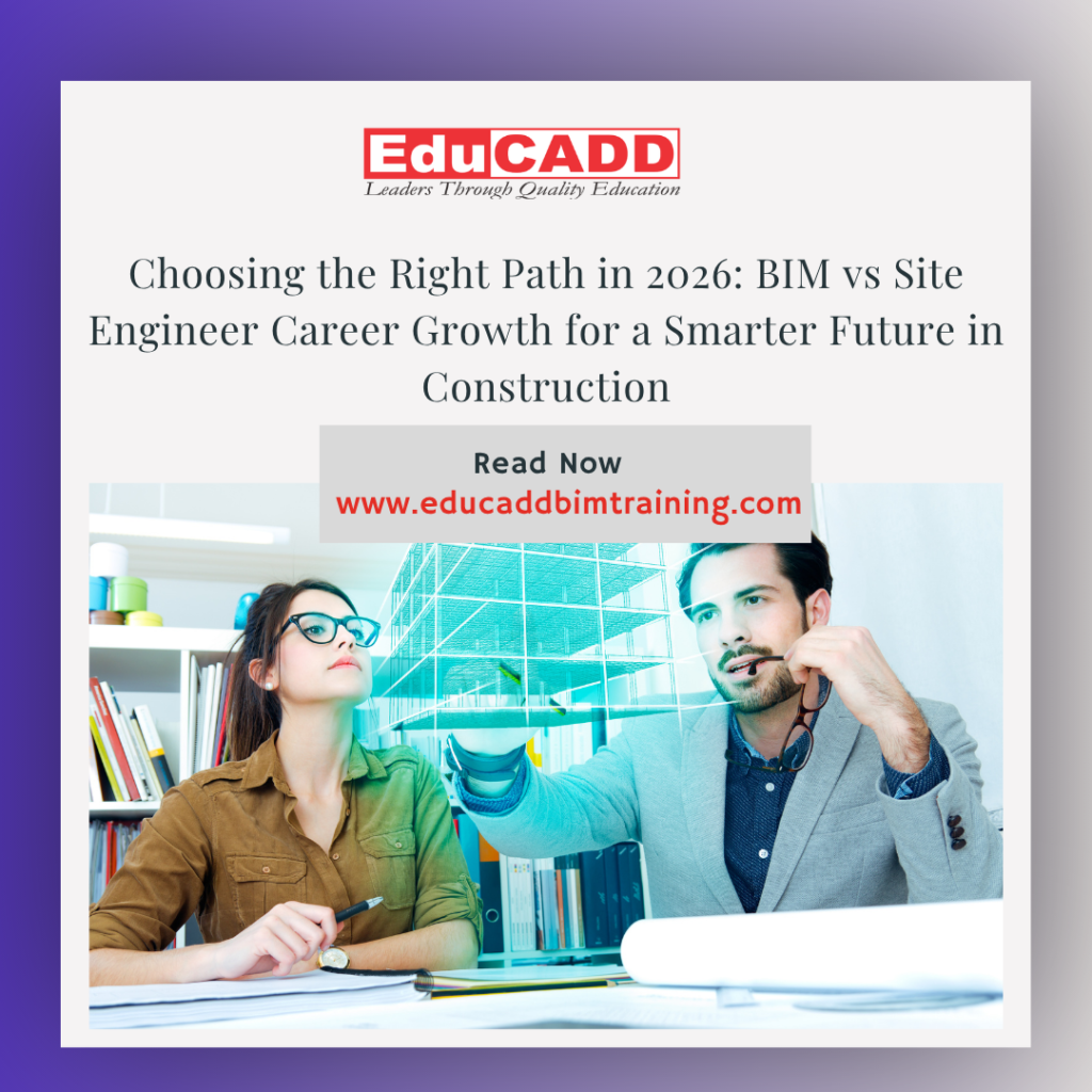 BIM vs site career growth showing digital BIM modeling engineer and on-site construction engineer working on a building project