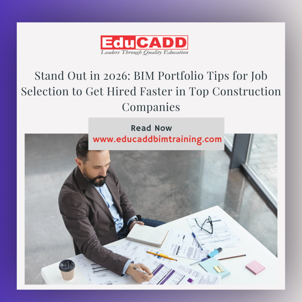 BIM portfolio job tips showing engineer presenting 3D models, project drawings, and digital portfolio for construction job selection