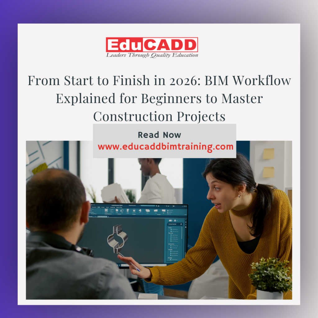 BIM workflow for beginners showing project stages from design to construction using Revit models and coordinated building systems