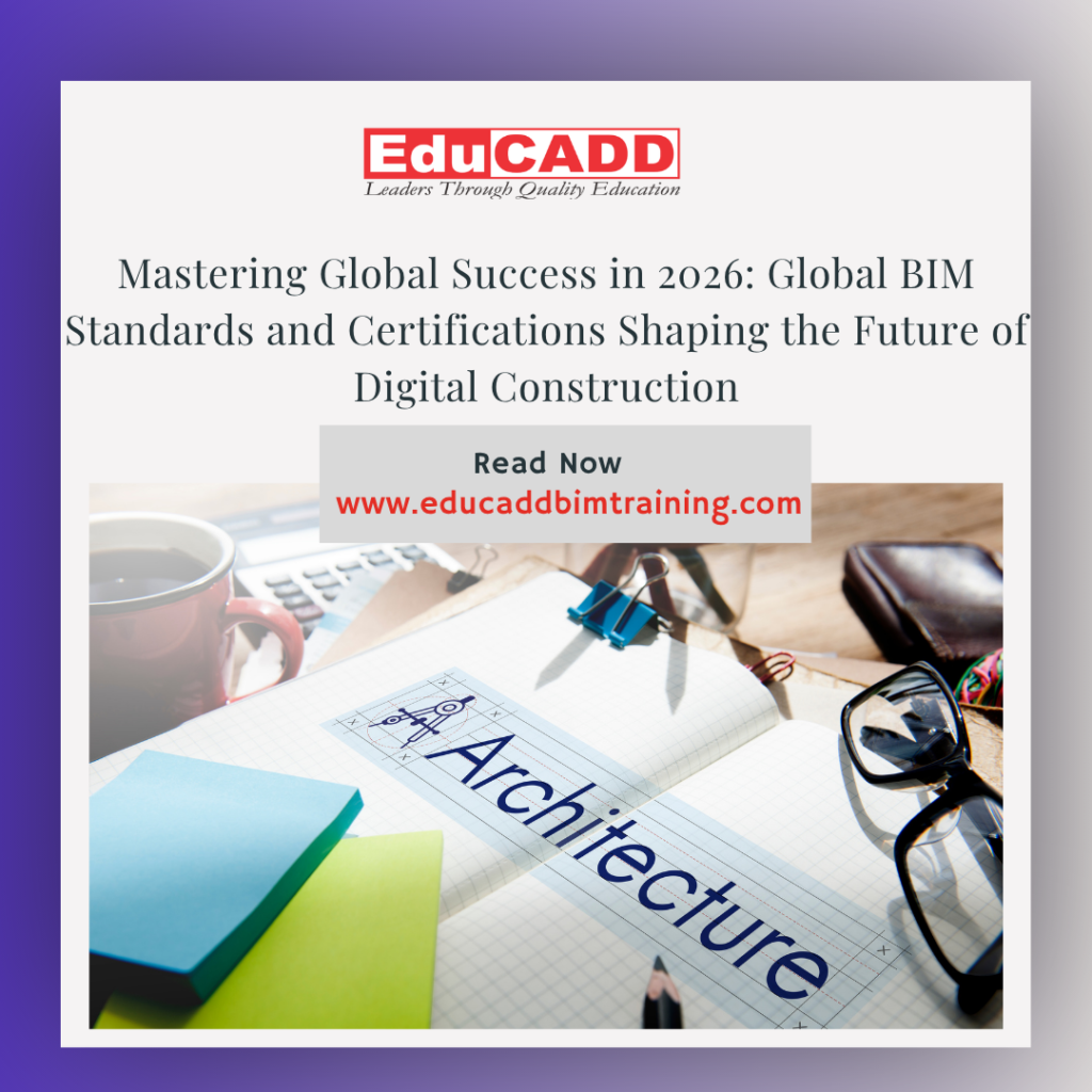 Global BIM standards certifications showing engineers working on 3D BIM models with international construction projects and digital workflows