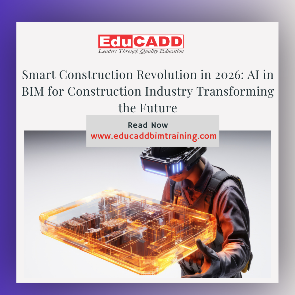 AI in BIM for construction industry showing intelligent 3D building models, automated design process, and smart construction workflow