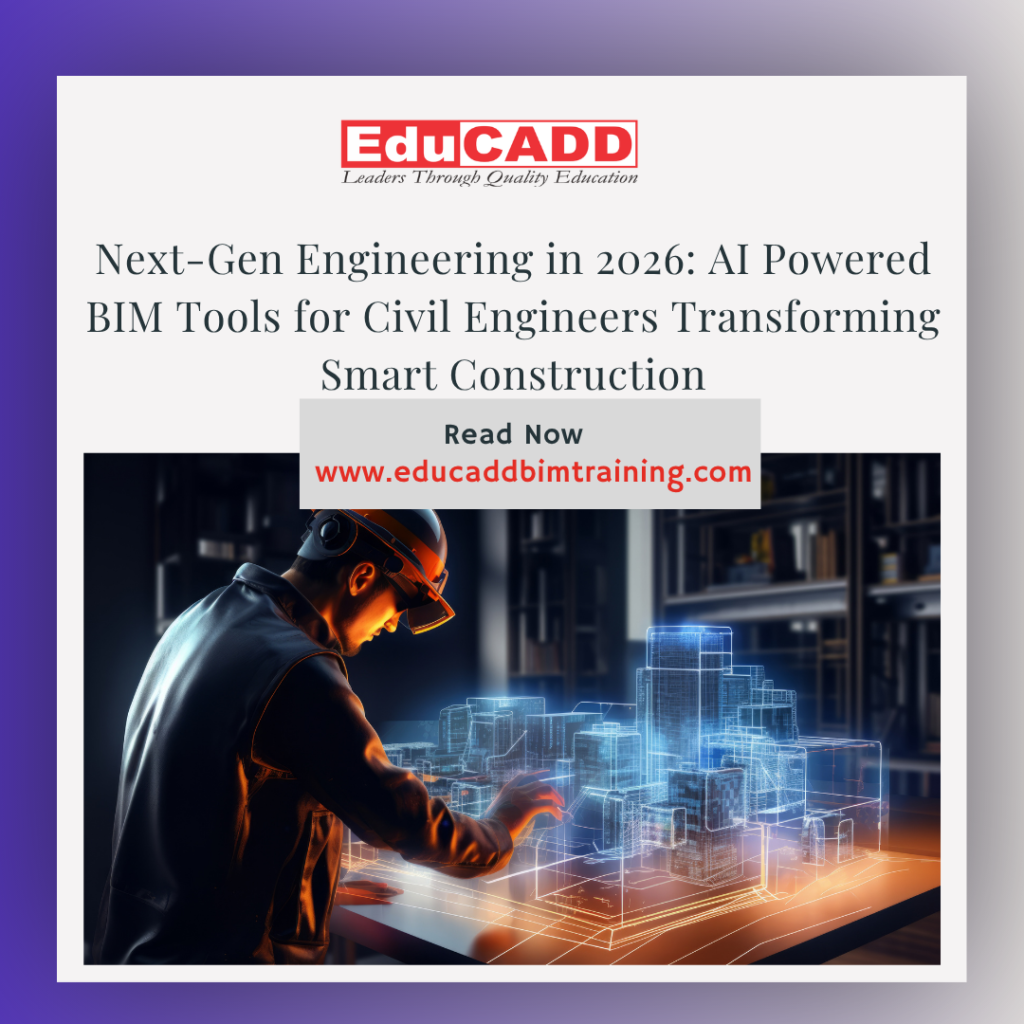 AI BIM tools for civil engineers showing intelligent building models, automated design workflow, and smart construction technology systems