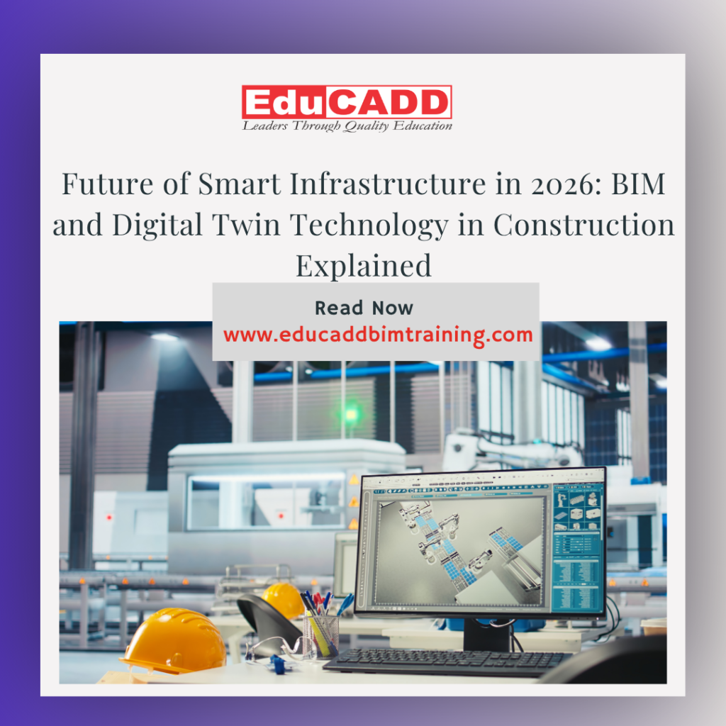 BIM digital twin construction showing real-time building model, smart infrastructure system, and connected digital twin technology in construction