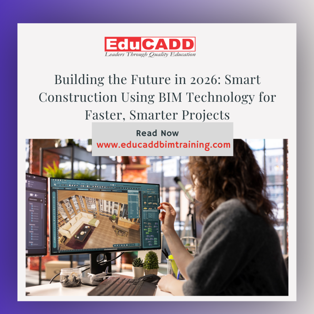 Smart construction BIM technology showing 3D building model, digital workflow, and advanced construction planning system
