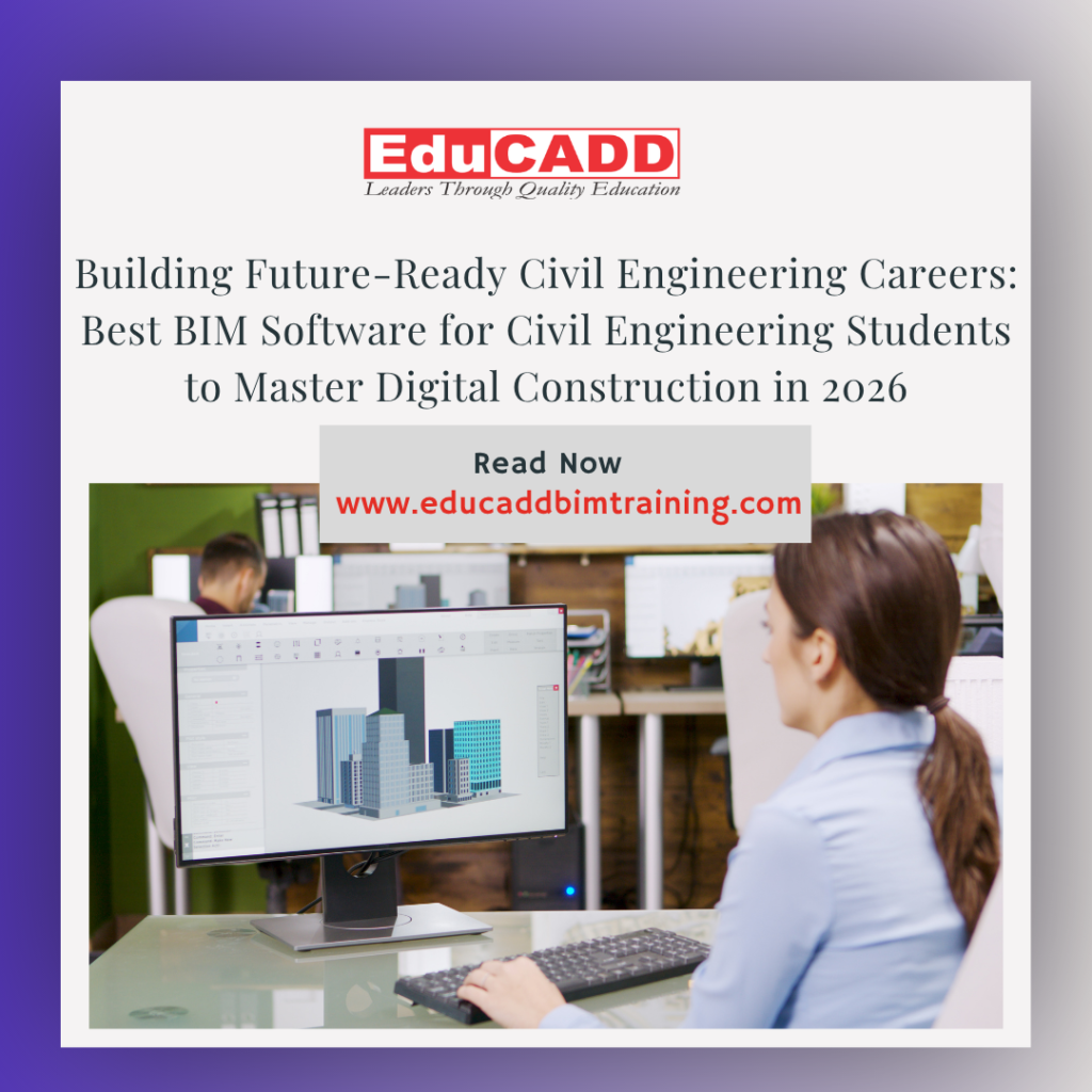 Civil engineering students learning the best BIM software in 2026 using Revit, Civil 3D, and digital construction tools for smart infrastructure design and project modeling.