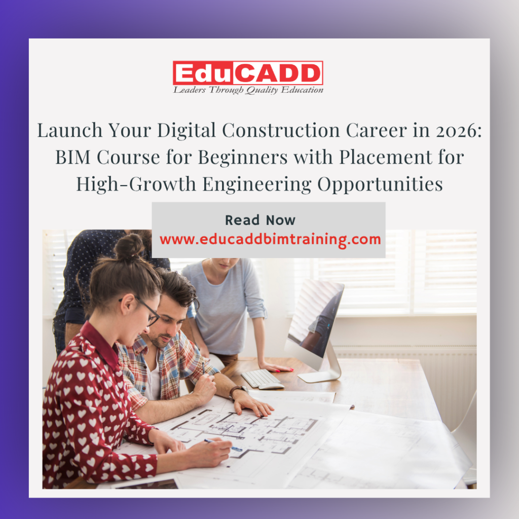 Beginner engineers learning BIM software in a modern training classroom with placement support, preparing for digital construction and engineering careers in 2026.