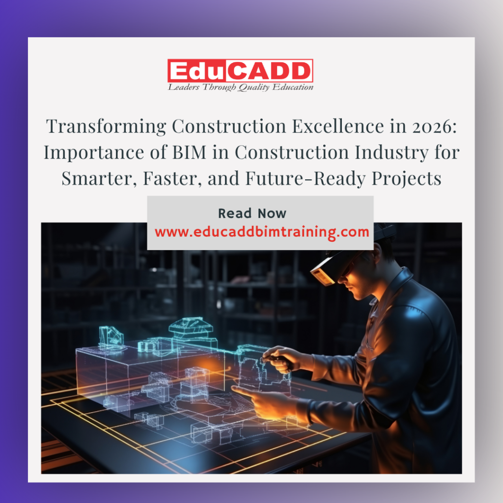 Importance of BIM construction industry 2026 showing engineers using BIM models for smart planning, project coordination, and digital construction workflows.