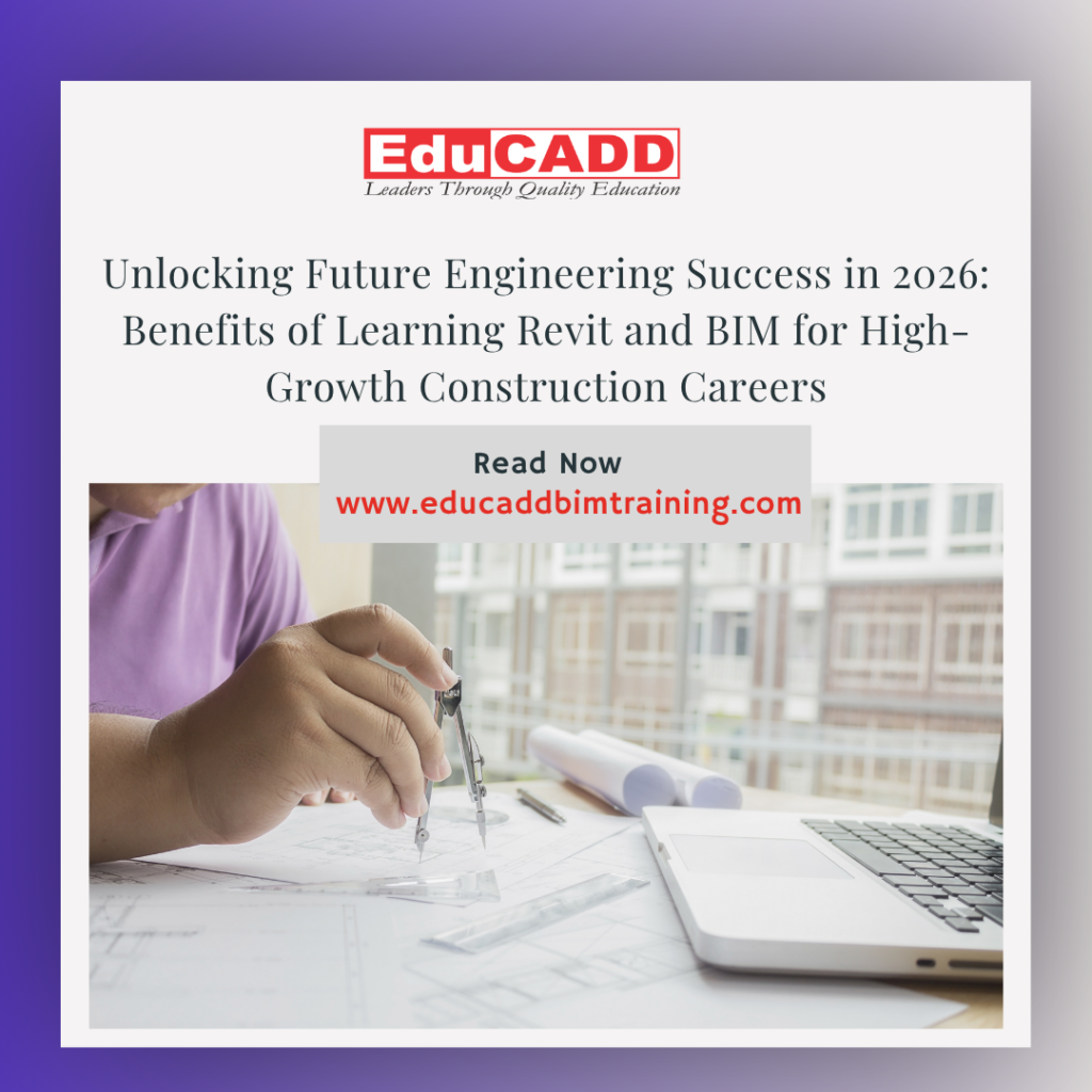 Benefits of learning Revit and BIM in 2026 showing engineers creating BIM models, collaborating on digital construction projects, and using Revit software for smart building design.